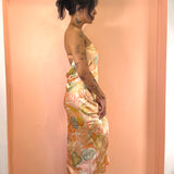 Peach Bellini Strapless Clasp Back Maxi Dress - Peach Tropical Print