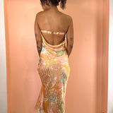 Peach Bellini Strapless Clasp Back Maxi Dress - Peach Tropical Print