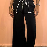 Linen Pants w/ Contrast Seams - Black / Ivory