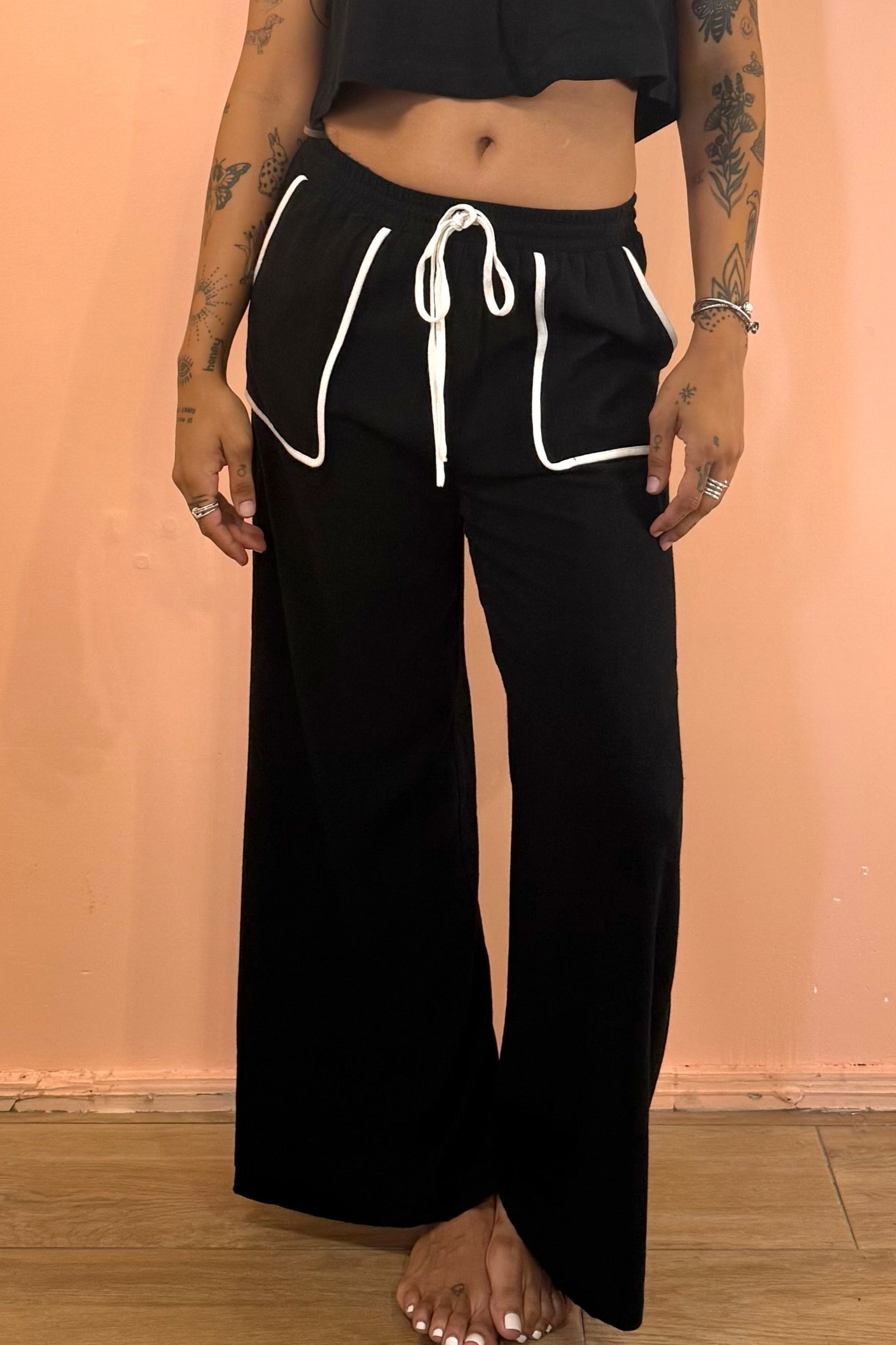 Linen Pants w/ Contrast Seams - Black / Ivory