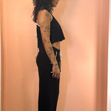 Linen Tank  w/ Tie Back & Contrast Seams -  Black  / Ivory