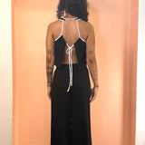 Linen Tank  w/ Tie Back & Contrast Seams -  Black  / Ivory