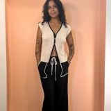 Contrast Trim Ribbed Knit Tank Top With Open Front Slit - Taupe / Black