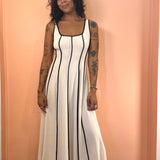 Linen Midi Tank Dress w/ Contrast Seams - Natural Ivory / Black