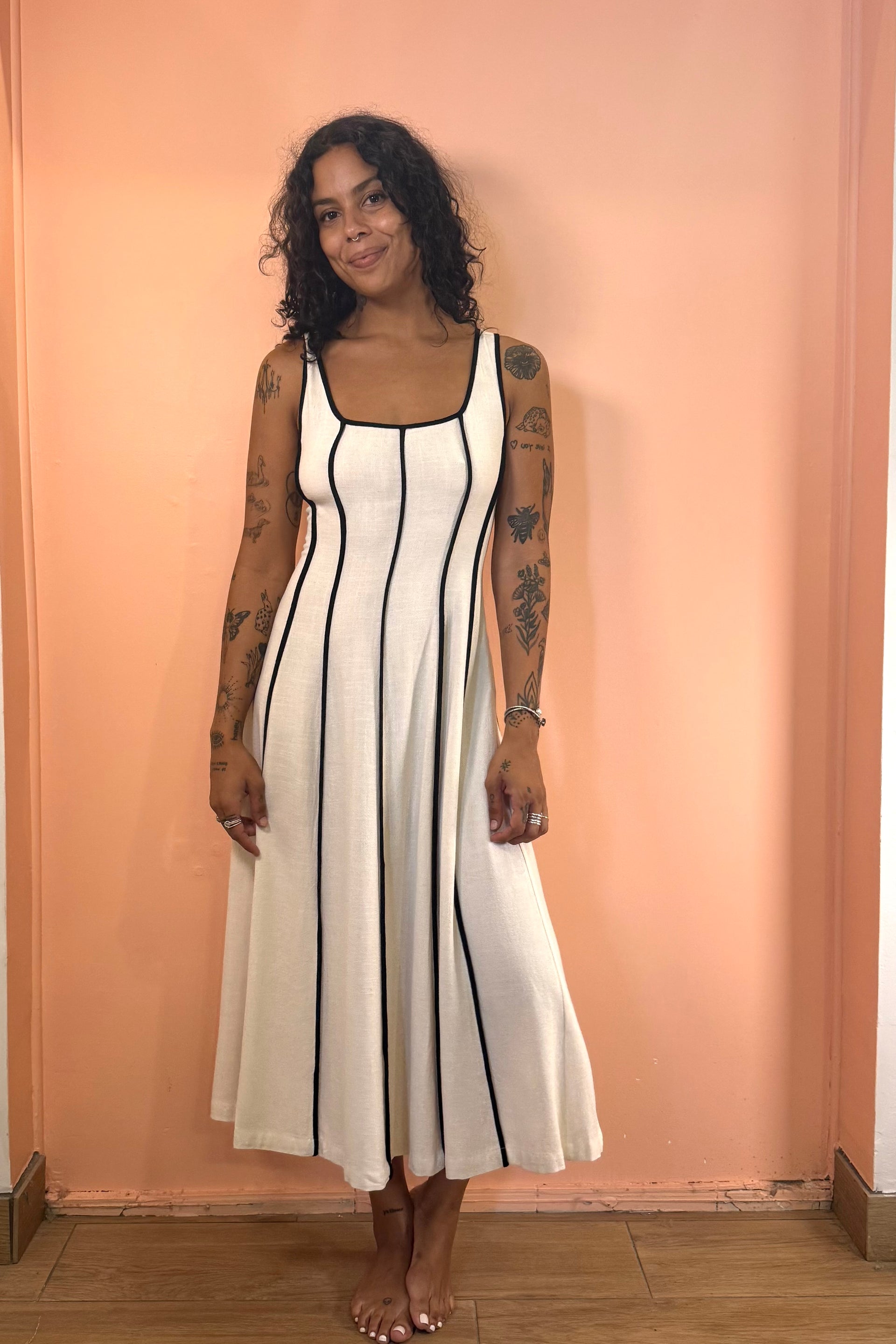 Linen Midi Tank Dress w/ Contrast Seams - Natural Ivory / Black Miss Monroe Boutique Linen Midi Tank Dress w/ Contrast Seams - Natural Ivory / Black Miss Monroe Boutique