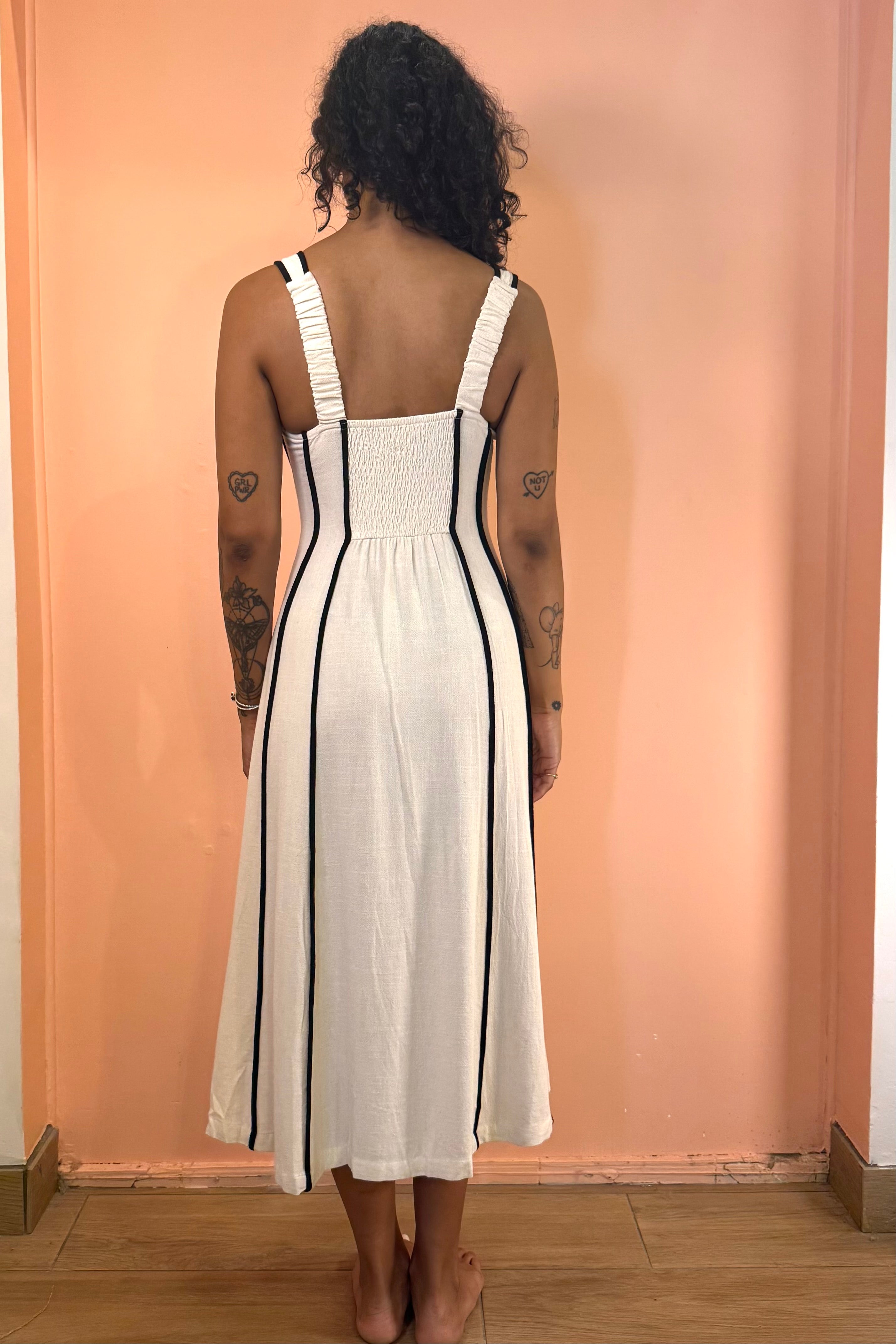 Linen Midi Tank Dress w/ Contrast Seams - Natural Ivory / Black Miss Monroe Boutique Linen Midi Tank Dress w/ Contrast Seams - Natural Ivory / Black Miss Monroe Boutique