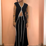 Linen Maxi Skirt w/ Contrast Seams - Black / Ivory