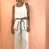 Linen Tank  w/ Tie Back & Contrast Seams - Natural / Black