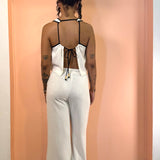 Linen Tank  w/ Tie Back & Contrast Seams - Natural / Black