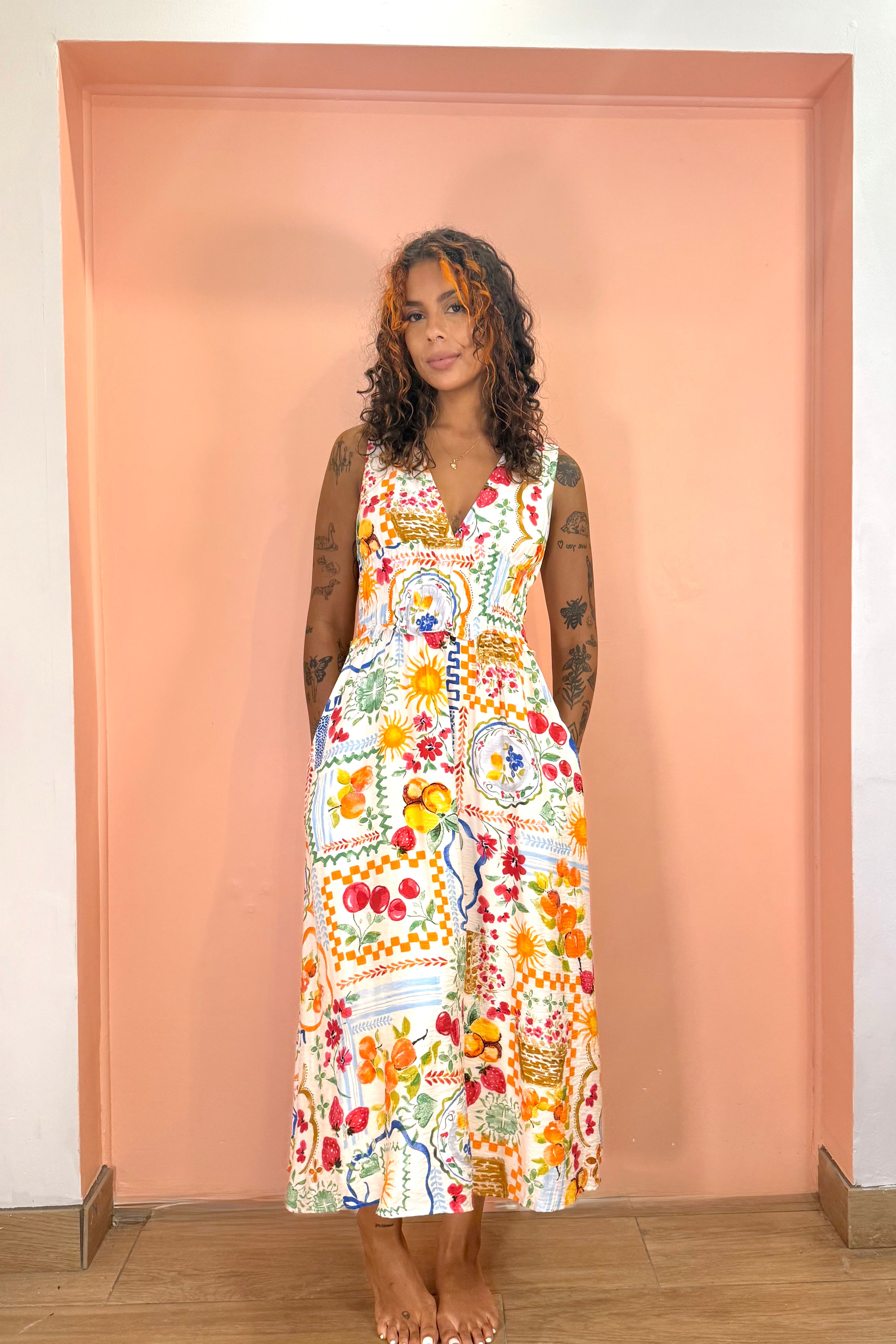 Summer Picnic Shirred Waist Midi Dress- White Print – Miss Monroe Boutique