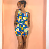 Blue Tropical Squares 2 Piece Set -  Open Back Tank Top & Shorts  - Blue