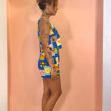 Blue Tropical Squares 2 Piece Set -  Open Back Tank Top & Shorts  - Blue
