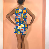Blue Tropical Squares 2 Piece Set -  Open Back Tank Top & Shorts  - Blue