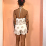 White & Tan Embroidered Tie Neck Romper -  White / Tan