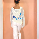Natural Hoodie Sweater With 'To The Beach' Embroidery   - Natural Tan and Blue