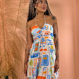 Paradise Print Halter Mini Dress w/ Ruched Top