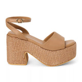 Platform Heels With Woven Straw Base - Arden - Cognac