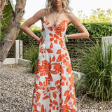 Tropical Maxi Dress w/ Tie Back - Red / Light Blue