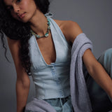 Ramona Denim Halter Top by Free People - Light Sky