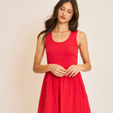 Short Tank Dress w/ Stretchy Top & Flowy Skirt - Cherry Red