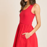 Short Tank Dress w/ Stretchy Top & Flowy Skirt - Cherry Red