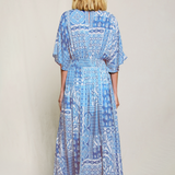 V Neck Maxi Dress w/ Flowy Sleeves - Blue Tile Print