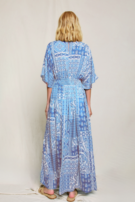 V Neck Maxi Dress w/ Flowy Sleeves - Blue Tile Print  Miss Monroe Boutique