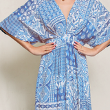 V Neck Maxi Dress w/ Flowy Sleeves - Blue Tile Print