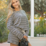 Drop Shoulder Pullover Terry Top by Bobi - Navy White Stripe