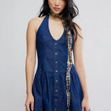 Clean Break Denim Halter Mini Dress by Free People - Night Wash Dark Denim