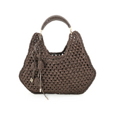 Woven Straw Tote Purse With Faux Leather Wrapped Handle & Charms - Straw / Chocolate Brown