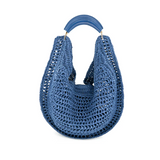 Woven Straw Slouchy Hobo Purse With Faux Leather Handle - Navy Blue Straw
