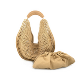 Woven Straw Slouchy Hobo Purse With Faux Leather Handle - Khaki Tan Straw