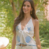 White Crochet Halter Top With Blue Sea Life by Surf Gypsy - White / Blue