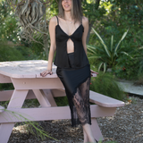Black Asymetrical Satin Slip Skirt With Lace Inset