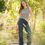 Striped Sweater Knit Tank With Embroidered Palm - Navy / White