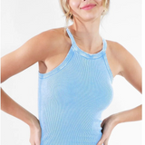 Ribbed High Neck Full Length Tank Top by NikiBiki - Vintage Cool Blue