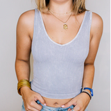 Plunge V Neck Ribbed Crop Top by NikiBiki - Vintage Cool Grey