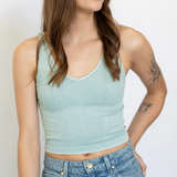 V Neck Ribbed Crop Top by NikiBiki - Vintage Eucalyptus Green