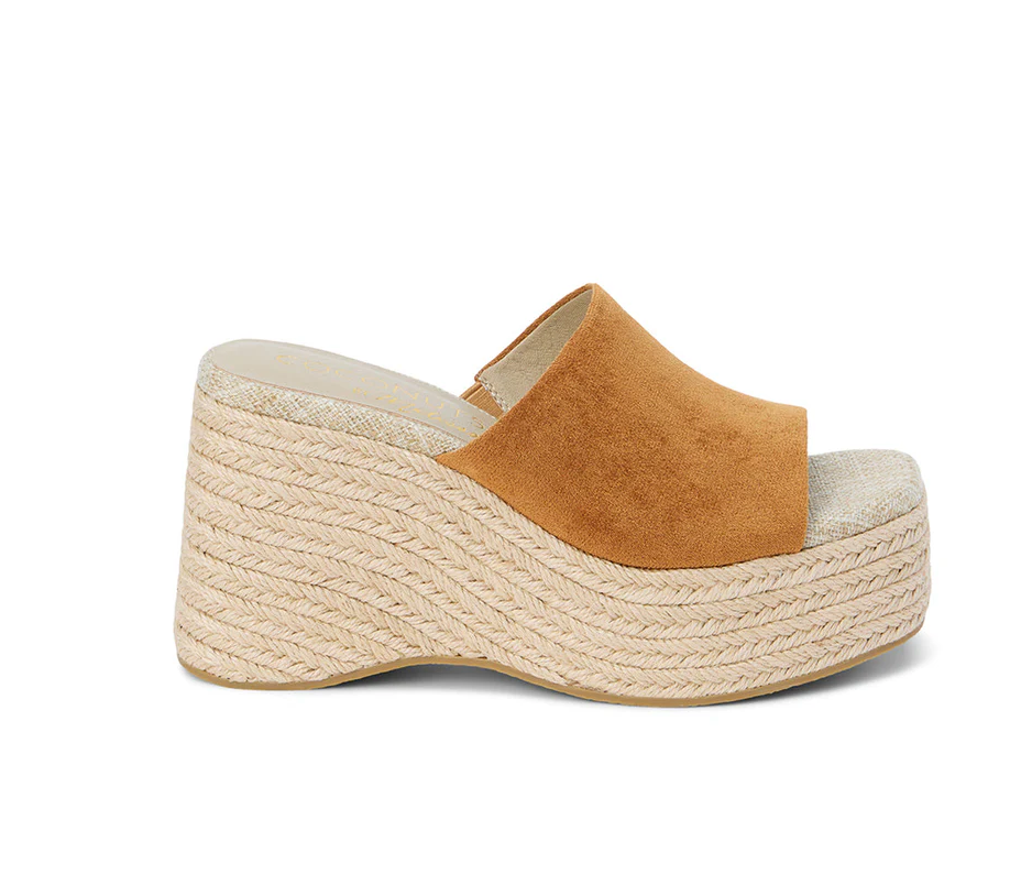 Brown Suede Straw Wedge Sandals - Sorrento - Cognac