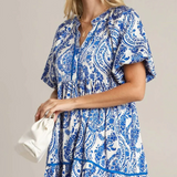 Blue & White Border Print Short Dress w/  Puff Sleeves - Blue / White