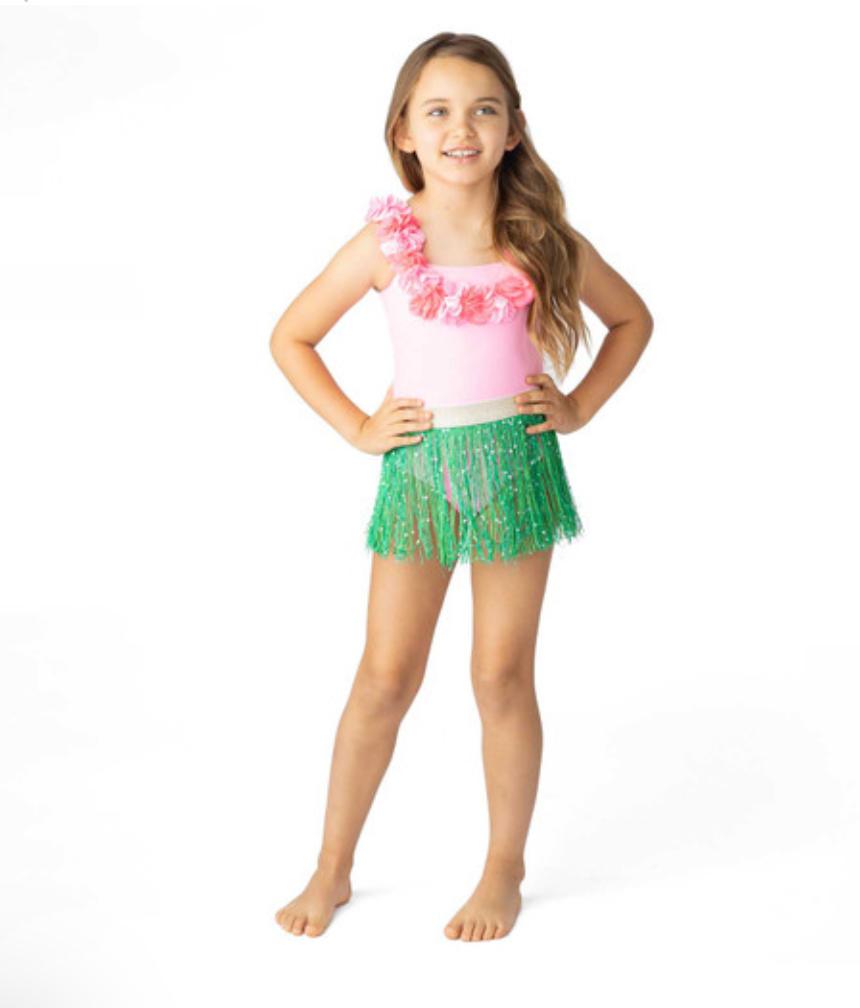 Pink Hula Girl One Piece Swimsuit & Green Fringe Skirt Swim Set