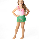 Pink Hula Girl One Piece Swimsuit & Green Fringe Skirt Swim Set