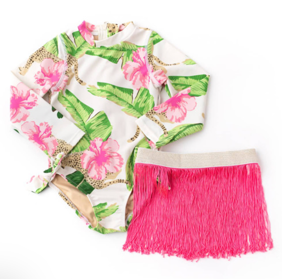 Botanical Leopard Girls Long Sleeve One Piece Swimsuit & Pink Fringe Skirt Swim Set