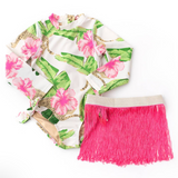 Botanical Leopard Girls Long Sleeve One Piece Swimsuit & Pink Fringe Skirt Swim Set