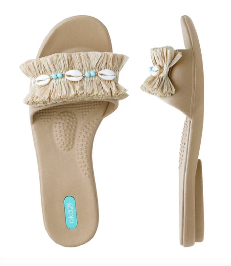 Kalani Slide Sandals w/ Cowrie Fringe by Oka B - Chai