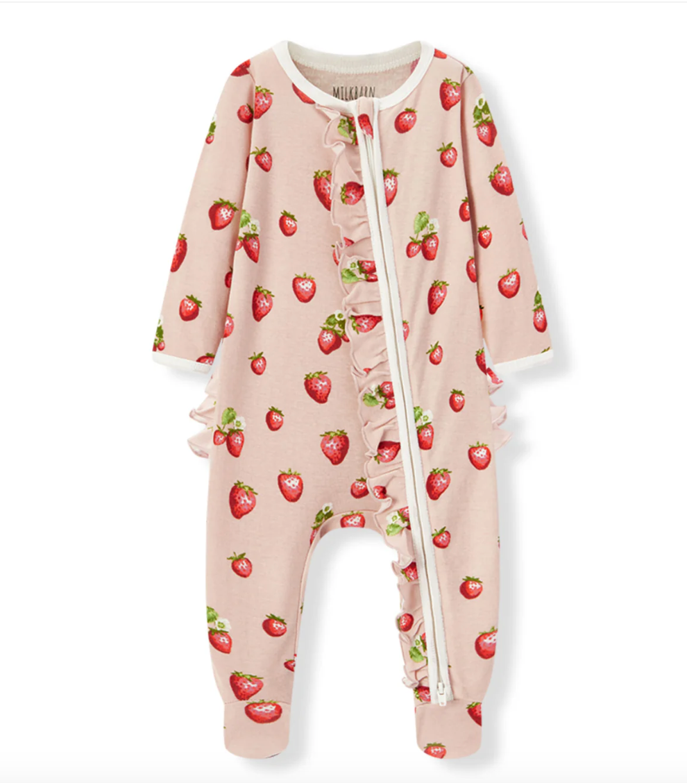 Organic Cotton Baby Footed Ruffle Romper - Strawberry