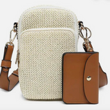 Parker Straw  Crossbody Purse w/ Faux Leather Strap and Zip Pouch -Tan Straw