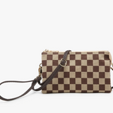 Riley Convertible Cross Body Purse, Wristlet or Clutch - Checkerboard Brown & Tan