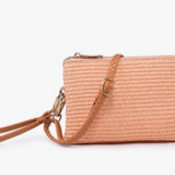 Riley Convertible Cross Body Purse, Wristlet or Clutch - Chevron Straw Salmon Natural